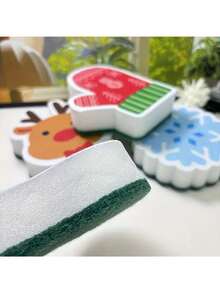 4 piezas de esponjas absorbentes y antiadherentes para lavar los platos con temas navideños - patrones festivos de copos de nieve, renos y manoplas de muñeco de nieve, herramientas de limpieza reutilizables para cocina y baño, decoración del hogar de temporada
