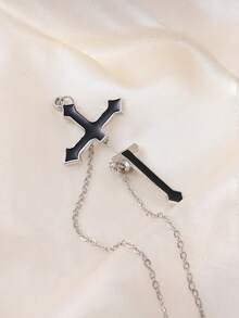 1 chiếc khuyên tai đính đá chéo đen có dây xích, cá tính, thời trang, phù hợp cho trang phục hàng ngày và lễ hội của phụ nữ - màu đen - Xem 2