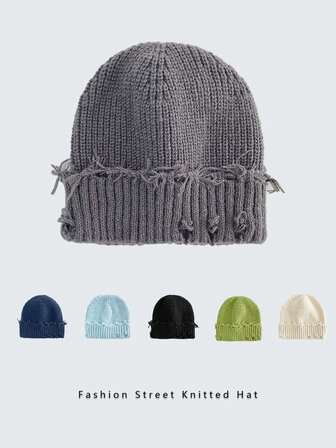 1 件男女通用纯色街头风格磨损针织帽，温暖户外时尚情侣/学生针织帽，适合日常穿着，秋冬