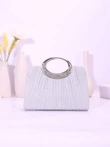 حقيبة مساء نسائية أنيقة بشكل بيضوي مطوي بالماس، إغلاق مغناطيسي لامع، مناسبة للزفاف والحفلات وهدايا عيد الميلاد - فضي - مشاهدة 2