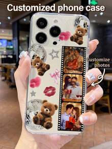 1pc Customized Soft Phone Case Compatible With Apple 15 14 13 12 11 Pro Max, Personalized Bear Lips Frame Pattern Design, Precise Cutout For Camera, Compatible With IPhone XR XS Max 7 Plus 16 16 Pro - Clear - View 3