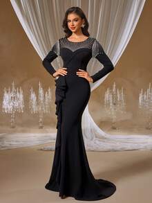 GIFORU 奢华黑色水晶刺绣礼服 - 透视领口美人鱼连衣裙，饰有流苏肩部和层叠荷叶边，适合 Met Gala 晚宴后的派对、维也纳歌剧院之夜和红毯婚礼舞会礼服 - 黑色 - 查看 6