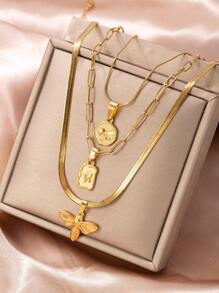 3pcs Stainless Steel Flower, Butterfly, Rabbit Carved Decorative Necklace Set For Women, Suitable For Daily Wear, Can Be Matched With Gold Gala Jewelry Necklace - Multicolor 2 - View 9