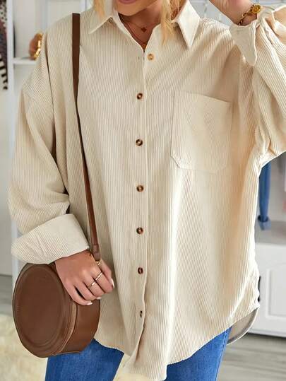 Plus Drop Shoulder Pocket Patched Corduroy Shirt