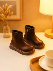 2025 Autumn/Winter New Brown Fashion Children's Shoes, Stylish Boys/Girls Ankle Boots. Minimalist Solid Color Boots, Suitable For Casual Sportswear Or Cute Dresses, Fits Any Season