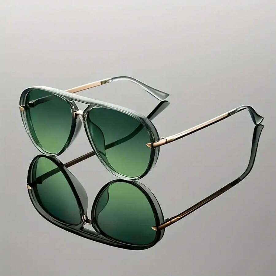 Women's Large Frame Fashion Casual Glasses Simple Semi-Metal Leg Design Color Frame Light Luxury Style Men's Glasses - 綠色 - 查看 1
