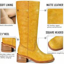 Women's Knee High Chunky Block Heel Square Toe Low Heel Boots, Style - Yellow - View 5