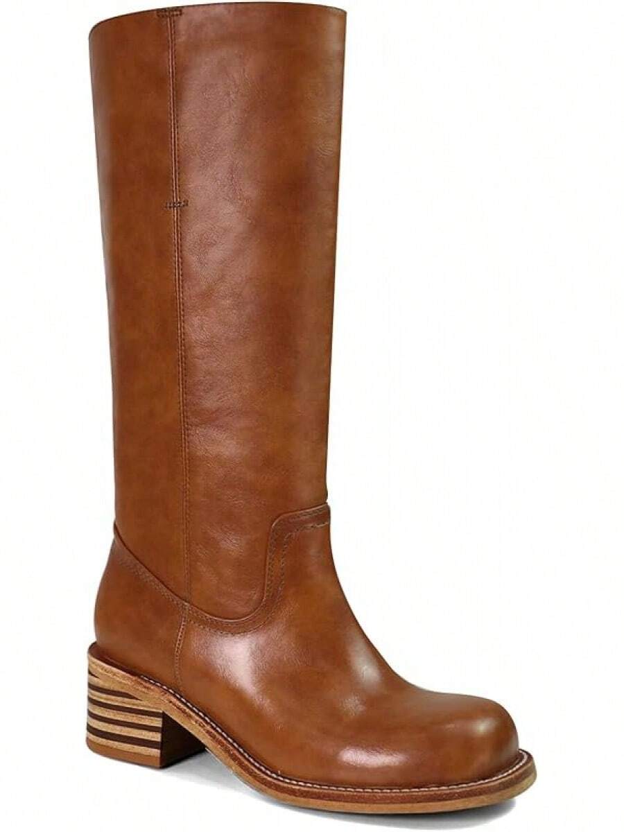 Botas de tacón grueso y bloque hasta la rodilla con punta cuadrada y tacón bajo para mujer, Estilo - Sillín - Ver 1