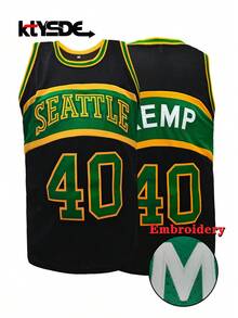 KTYSDE 男士40号黑色复古篮球背心，西雅图字母印花+刺绣，宽松无袖圆领背心，适合篮球、运动、跑步、街头穿着，男女通用 - 黑色 - 查看 1