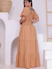 Women's Long Dress In Um Duna Fabric With A More Elaborate Design And A Belted Cup - 咖啡 - 查看 2