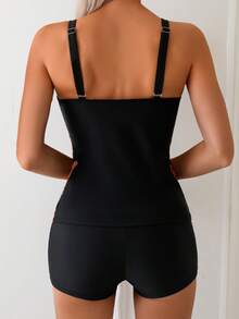Stylish Women's Tankini Set With Round Neck Floral Tape Top And Solid Black Swim Shorts Casual And Sexy Medium Stretch - Black - View 5