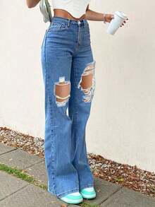 Pantalones Vaqueros Rectos con Rotos - Tiro Medio, Lavado Clásico - Azul lavado medio - Ver 2