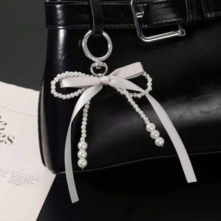 1pc Plaid Bow Faux Pearl Keychain, Backpack Accessory, Unique Beaded Phone Case Charm, Minimalist Bow Design Halloween Accessories Teachers Day Christmas Gift Ideas - Silver Gray - View 1