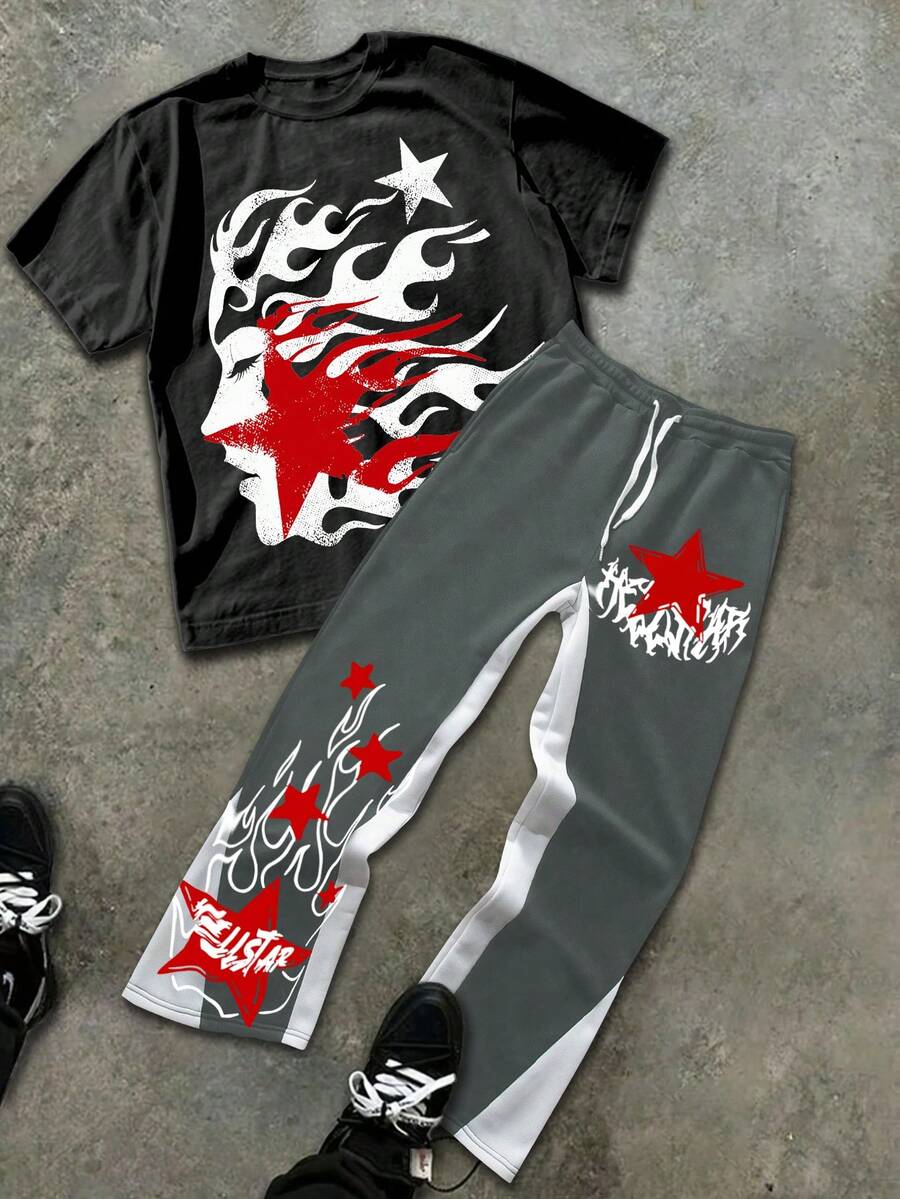 Men's Abstract Star Print Round Neck Short Sleeved Casual T-Shirt And Flame Print Pants 2-Piece Set, Men's Clothing, Versatile For Both Men And Women, T-Shirt And Sweatpants 2-Piece Set - Black+slate blue(黑色+灰藍色) - 查看 1