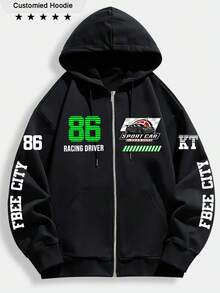 Customized Men's Hooded Sweatshirt, Zip-Up Hoodie, Personalized Logo Design, Racing Logo, Lucky Number, Work Uniform Logo, School Team Apparel, Advertising Print, Christmas Pattern, Halloween, Pumpkin, Skull, Thanksgiving Turkey, Team Logo, [Any Family, Pet, Friend Photos Can Be Customized], Autumn, Warm And Cozy, Long Sleeve Top - Black - View 4