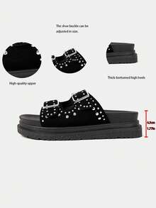 Women's Comfortable Thick Sole Rivet Strap Slip-On Sandals, Casual Beach Shoes For Summer Vacation,Travel Essential - Black - View 3
