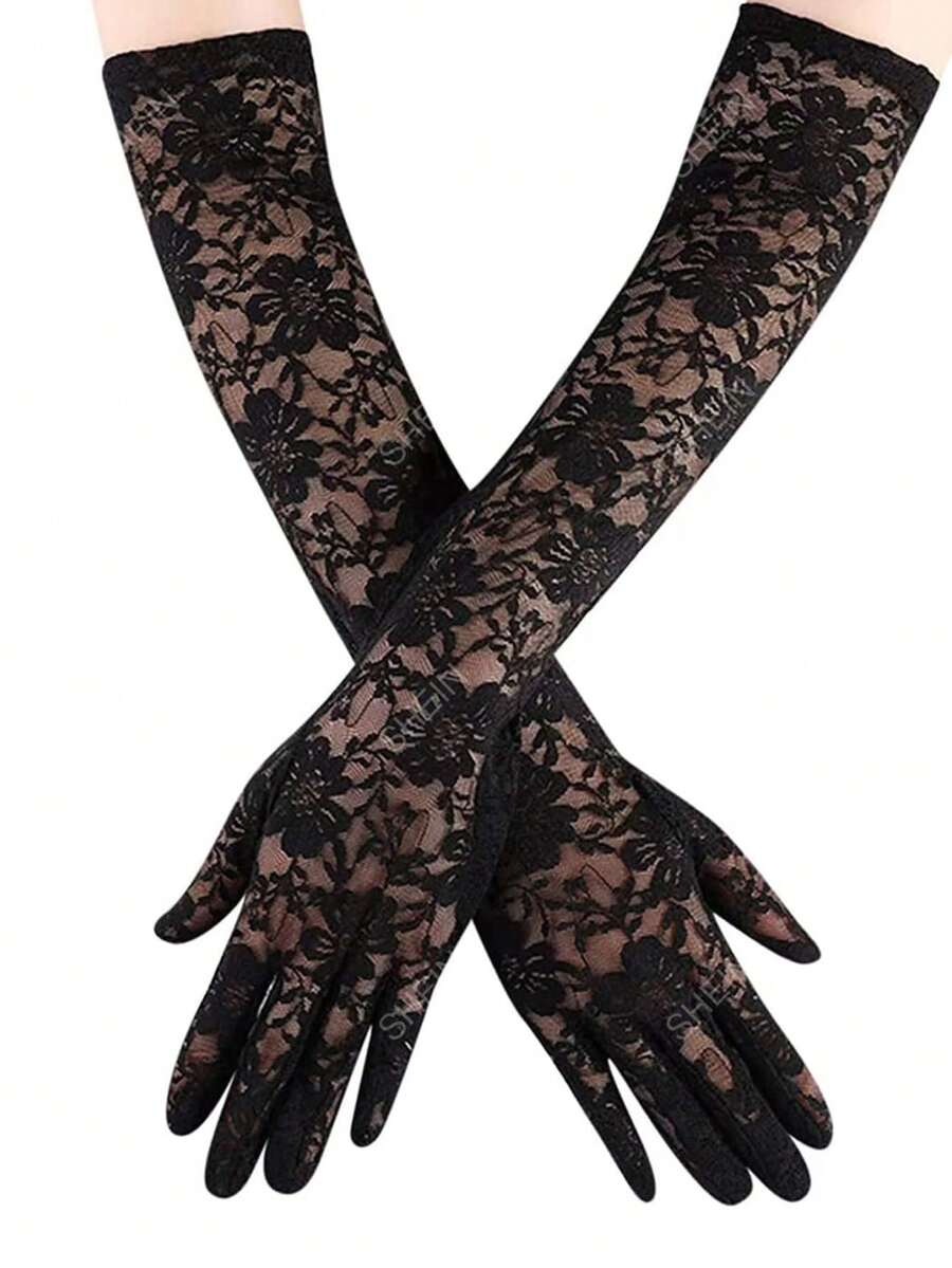1 Pair Random Transparent Lace Stretch Gloves - Black - View 1
