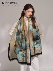 1条水墨画图案涤纶优雅高端时尚保暖围巾，适合秋冬季日常佩戴 - 彩色 - 查看 8