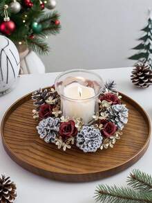 1pc/2pcs Christmas Candlestick Wreath Artificial Pine Cone Red Rose Flower Gold Flower, Winter Artificial Rose Flower Greenery Leaf Plant Candlestick Wreath, Faux Pine Fake Green Leaf Candle Ring Xmas Ornaments, For Christmas Decoration Christmas Decorations Room Decor