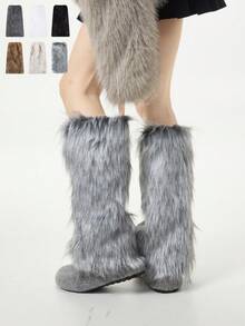 1双Y2K辣妹风毛绒保暖腿套，白色冬季亚文化JK毛绒保暖腿套，舒适保暖 - 彩色 - 查看 3