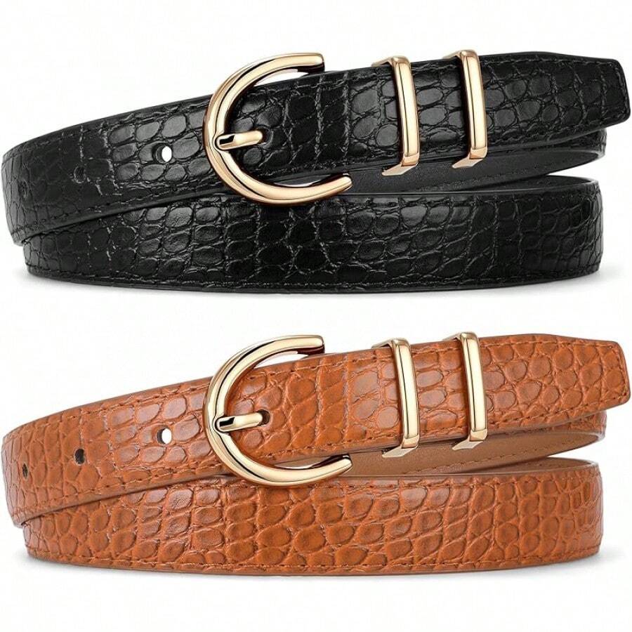 2-Pack Women's Leather Belts For Jeans And Dresses Plus Size - E-黑色+棕色(鱷魚紋) - 查看 1