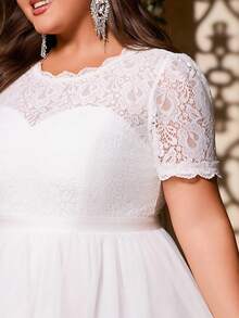 Women's Plus Size Elegant Solid Color Patchwork Lace Mesh Zipper Closure Tea Length Semi-Formal Party Dress For Wedding Guest, Bridesmaid, Maid Of Honor, Cocktail, Wedding, Graduation Party, Spring/Summer/Fall