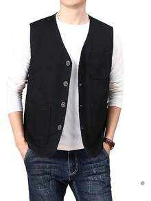 Men's Casual Outdoor Cotton Vest Lightweight Breathable Multi-Pocket Fishing Travel Vests OutwearChristmas IQWV - 02-黑色 - 查看 8