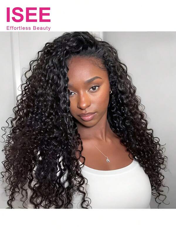 ISEE Peruca ISEE de cabelo humano com ondas d'água, sem cola, com clipes, sem costura, para uso ao ar livre, com linha fina invisível, ideal para iniciantes, de 14 a 28 polegadas