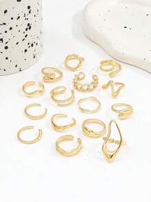 15pcs Smooth Geometric Oversized Fashion Rings, Vintage Coin Style Classic Gold Color Rings For Women - Gold - View 3
