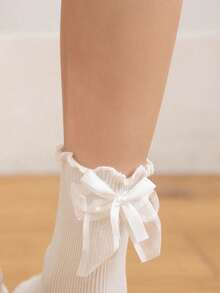 1 Pair Women Black Ruffle-Trim Striped Bow Design Comfortable Socks, Cute & Versatile For Daily Wear - Black - View 11