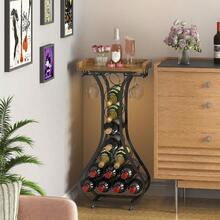 Wine Rack Freestanding Floor Mini Bar Table Wine Holder Stand Liquor Cabinet With Glass Holder Wood Tabletop 14 Bottles Floor Wine Storage For Home Bar Kitchen Living Room Patent Pending - As Pic - View 6