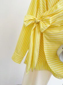 女士优雅修身长袖衬衫，收腰设计，配蝴蝶结，黄色条纹，适合通勤和外出穿着，春夏款 - 黃白色 - 查看 7