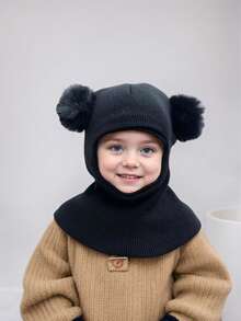 1pc Cute Double-Pom Beanie For Boys And Girls, Perfect For Winter Balaclava Knitted Hat For Autumn And Winter.