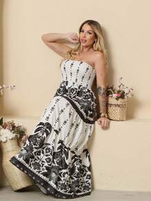 Look Of Millions!!! Long Strapless Dress With Floral Print - Black and White - View 3
