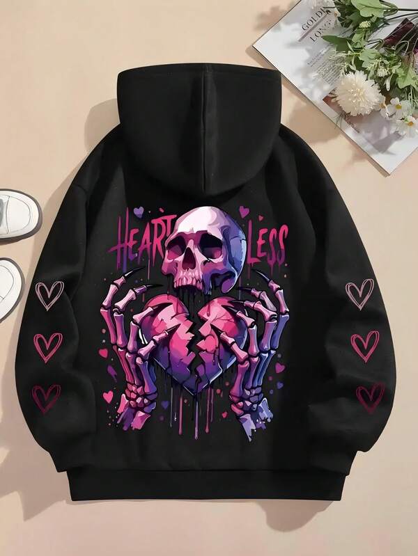 1 pieza Sudadera con capucha para mujer, sudadera con bolsillo canguro de poliéster con estampado gráfico, chaqueta casual con calavera y corazón rasgado para otoño/invierno, Año Nuevo, Navidad, lavable a máquina