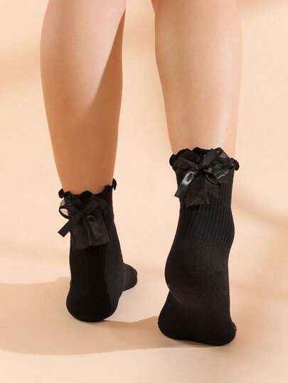 1 Pair Women Black Ruffle-Trim Striped Bow Design Comfortable Socks, Cute & Versatile For Daily Wear