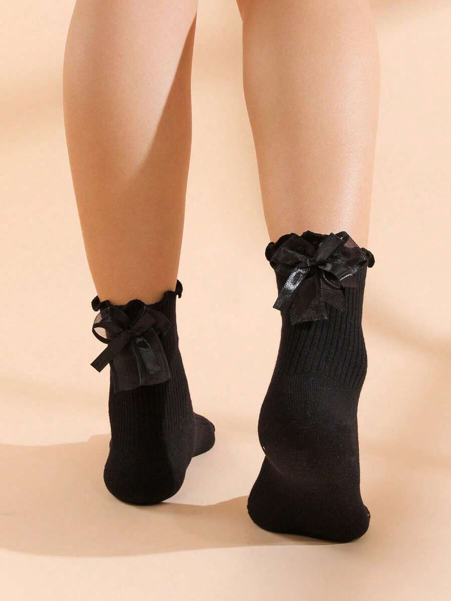 1 Pair Women Black Ruffle-Trim Striped Bow Design Comfortable Socks, Cute & Versatile For Daily Wear - Black - View 1