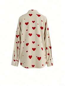 Women's Woven Fabric Heart Print Blouse With Shirt Collar And Long Regular Sleeves Button Detail Top Fall Clothes For Women Shirts