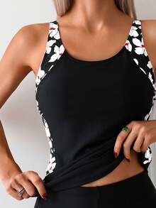 Stylish Women's Tankini Set With Round Neck Floral Tape Top And Solid Black Swim Shorts Casual And Sexy Medium Stretch - Black - View 3