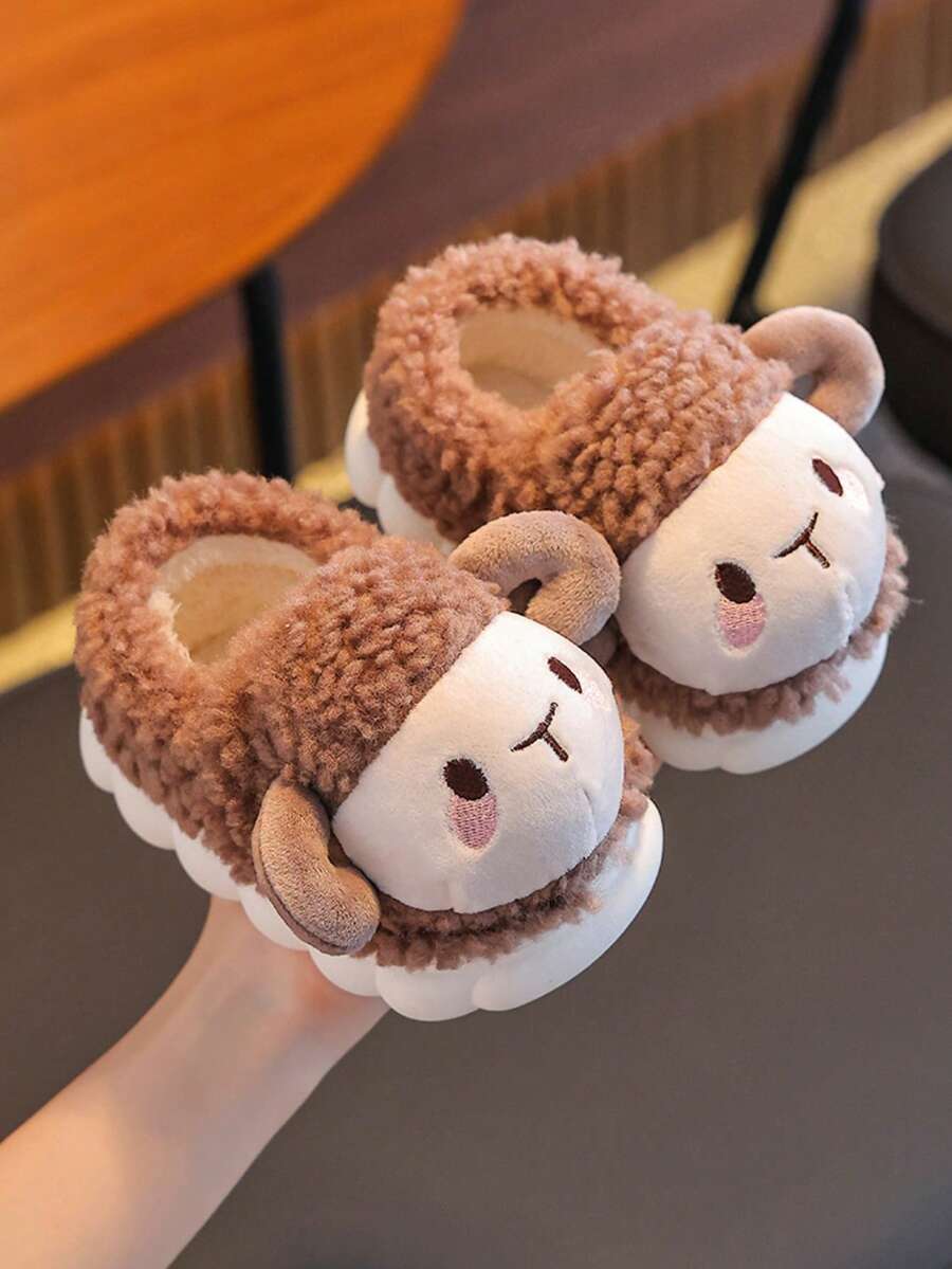 1 Pair Kids Cartoon Cute Sheep Plush Indoor Slippers, Soft Warm House Slippers For Girls And Boys, Winter - Brown - View 1