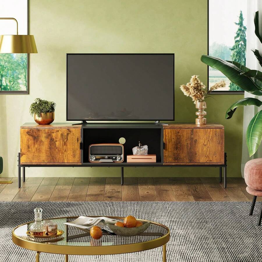 TV Stand Modern Entertainment Center With Open Shelf And 2 Cabinets For Bedroom And Living Room, TV Console With Storage And Metal Legs, 65 Inch - Nâu mộc mạc - Xem 1