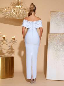 New Elegant Pearl Rhinestone Embellished Off Shoulder Backless Sleeveless Bodycon Maxi Bandage Dress, Formal Evening Gown For Women, Suitable For Formal Occasions, Birthday Party, Prom, Easter - Baby Blue - View 6