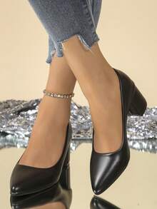 尖头女式浅口鞋，粗跟高跟鞋，简约浅口工作鞋