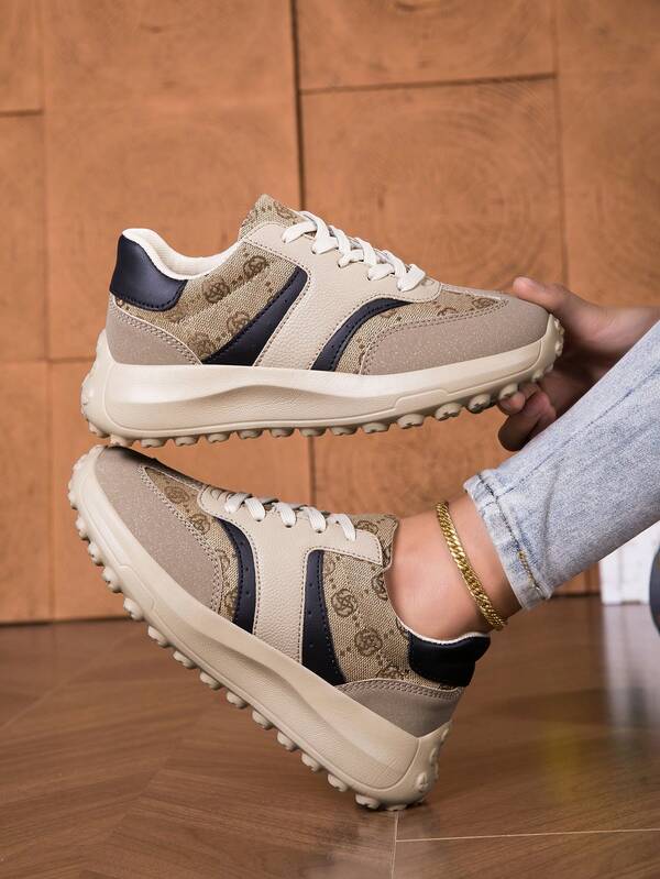 Women's Colorblock Casual Sneakers, Lace-Up Thick Sole Soft Running Shoes, Low-Top Breathable Fitness Shoes