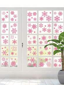 93 pièces/9 feuilles Autocollants de fenêtre amovibles à paillettes statiques de flocons de neige de Noël, fournitures de fête de Noël, décoration d'autocollants, décoration de Noël pour la maison, les bureaux, les supermarchés, la décoration de porte et de fenêtre en verre (rose)