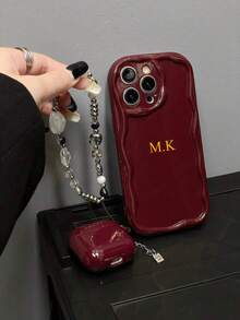 （三件套）个性化手机壳，包含1个酒红色奢华手机壳、1个苹果耳机套和1条腕带，兼容苹果11、12、13、14、15、16 Pro Max、17、17 Air、17 Pro、17 Pro Max，是生日礼物、节日礼物、送给他的/她的礼物、个性化礼物、Etsy/定制产品、送给配偶/父母的定制礼物、周年纪念/结婚礼物、2025手机壳 - 酒紅色 - 查看 3