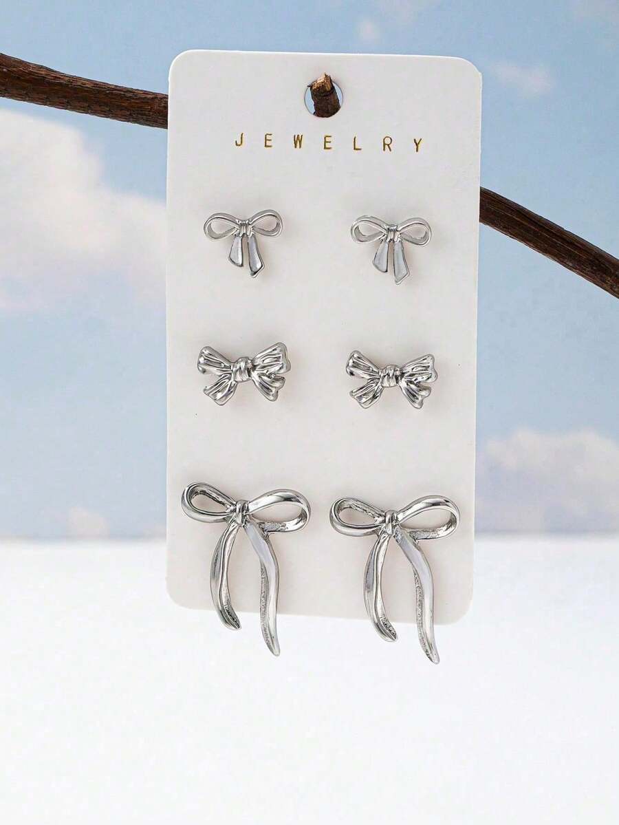 3 Pairs Golden Color Bow Stud Earrings Set Bowknot Earrings Set Women Fashion Jewelry Bow Accessories - 銀色 - 查看 1