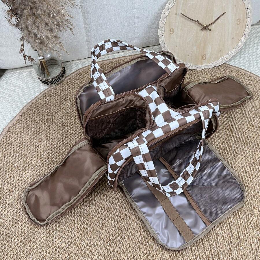 Checkered Toiletry Bag,Large Capacity Water-Proof Plaid Cosmetic Bag,Women Multi-Partitions Makeup Bag,Dust-Proof Wide-Open Puffy Organizers For Travel Accessories , Portable Travel Bag With Strap For Putting On Suitcase - 棕色 - 查看 1