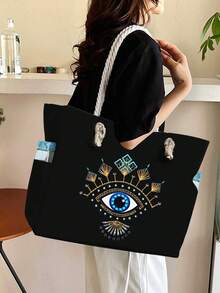 Blue Glasses Pattern Black Handbag Set Comes With Two Side Pockets,Women's Linen Large Capacity Tote Bag,Personalized Gift Bag, Women's Travel, Gift Bags,Commuting Bag And Zipper Beauty Bag,Makeup Bag, Travel Storage Bag, Suitable For Weddings, Birthdays,Holidays, It Is The Perfect Gift For Women, Mothers, Teachers, Friends, Bridesmaids, Big Bags, Students And Back To School,Suitable For Nature Enthusiasts And Women,Saudi National Day