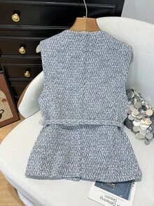 GMFP 女士优雅无袖亮片装饰背心外套，单排扣，串珠腰带，柔软斜纹软呢面料，天蓝色，适合新年/情人节穿着 - 淺藍色 - 查看 2